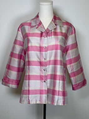 Notations Silk Pink & White Plaid Button-Up Jacket Top Women’s Size Medium
